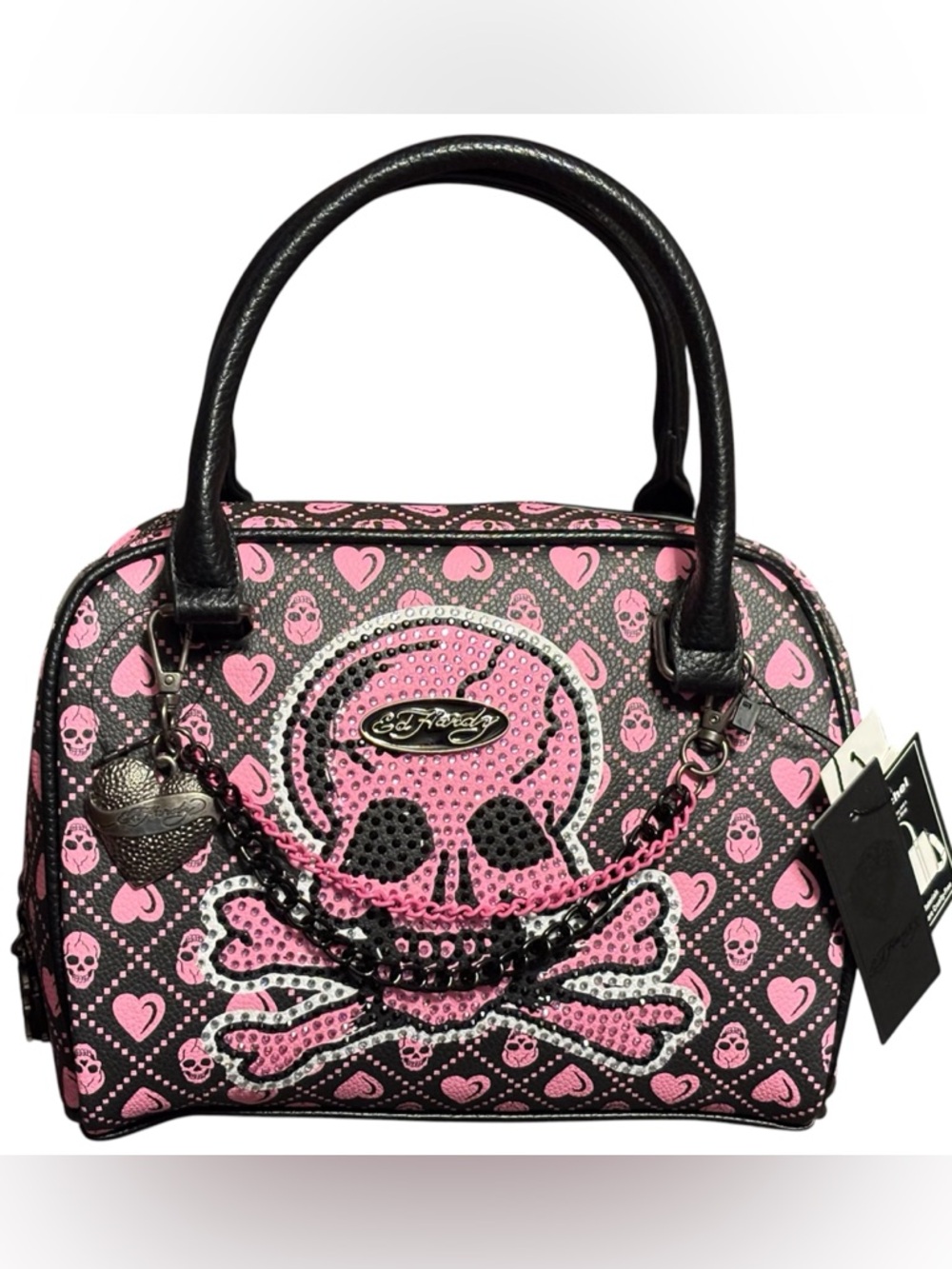 NWT•Ed Hardy Pink Skull & Crossbones Black Dome Satchel